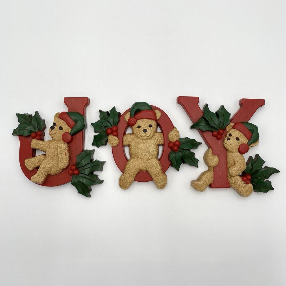 Home Interiors Homeco JOY Teddy Bear Christmas Wall Decor Plaques Holly Vintage